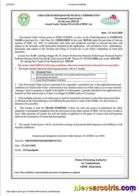 India Hyderabad provisional trade license